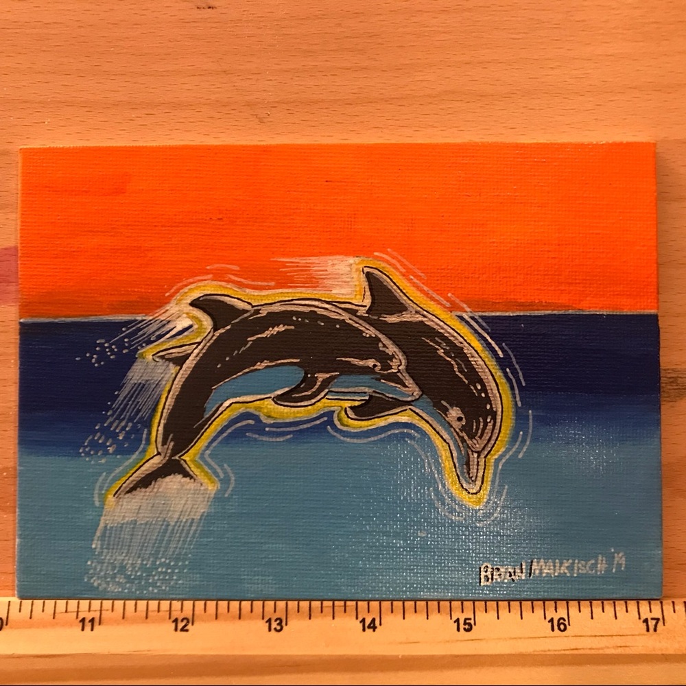 Dolphins at sunset custom hand painted artwork with orange and blue colors